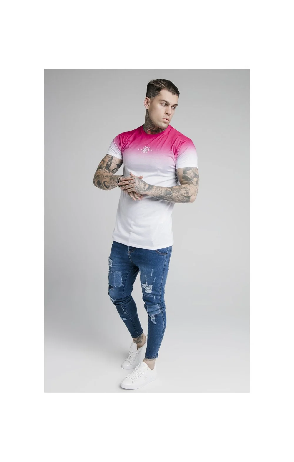 SikSilk High Fade Tee - Pink & White - Image 6