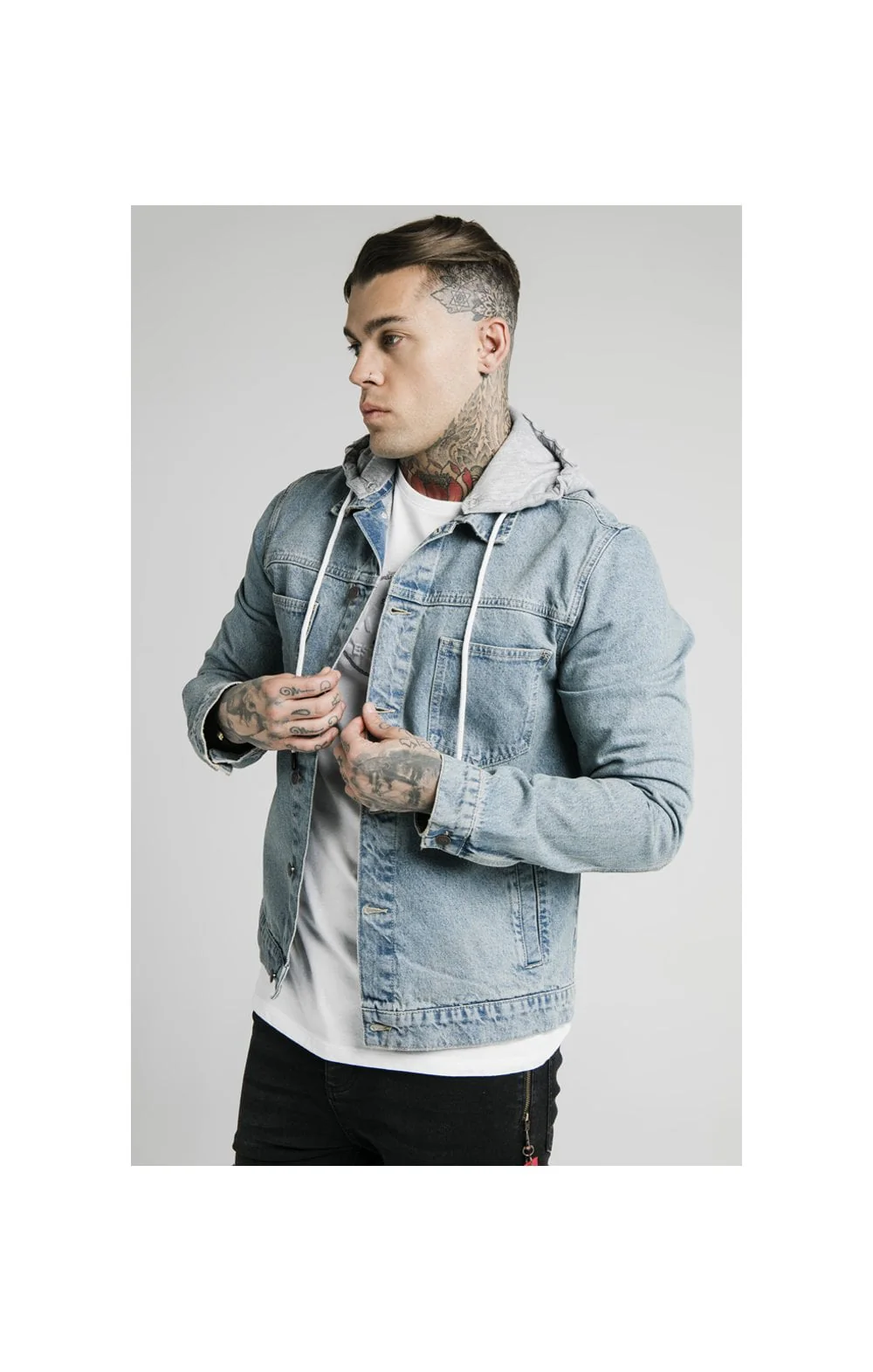 SikSilk Hooded Denim Jacket - Light Blue Wash