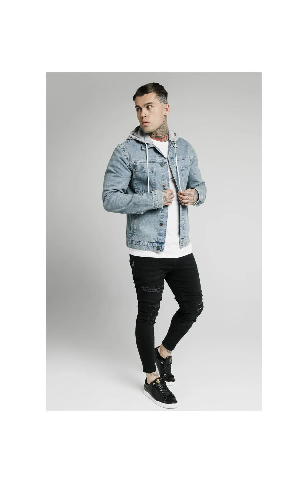 SikSilk Hooded Denim Jacket - Light Blue Wash - Image 3