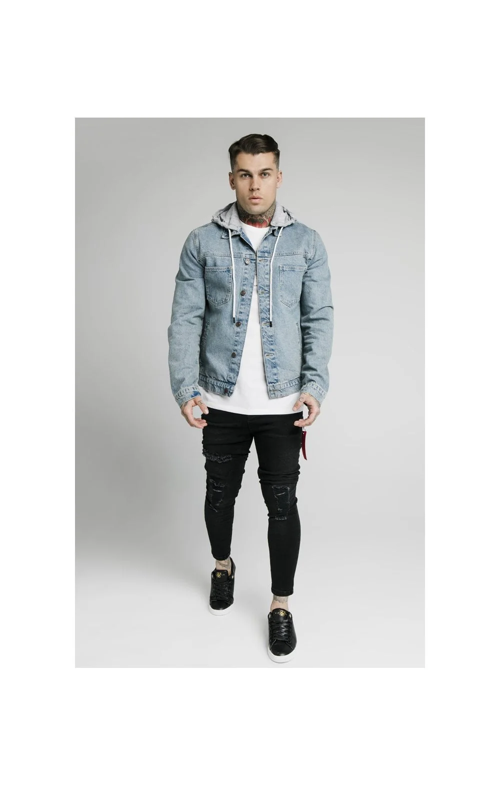 SikSilk Hooded Denim Jacket - Light Blue Wash - Image 4