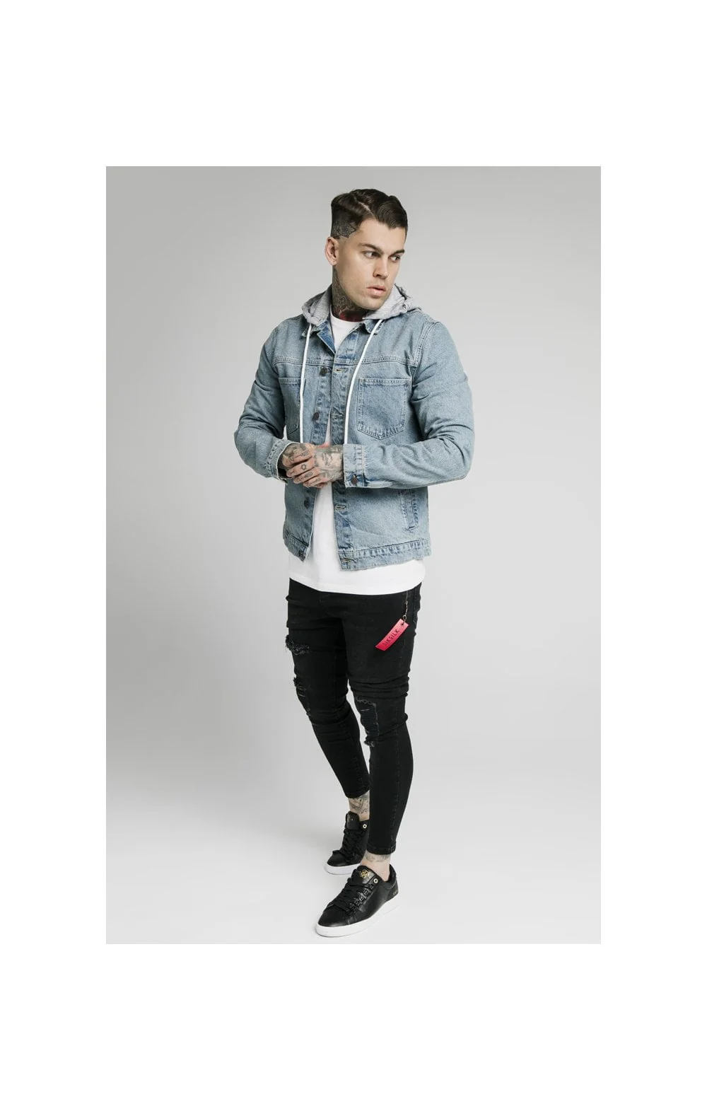 SikSilk Hooded Denim Jacket - Light Blue Wash - Image 5