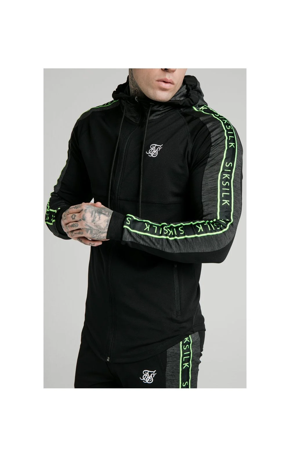 SikSilk Hyper Athlete Zip Through Hoodie - Black & Neon Fluro