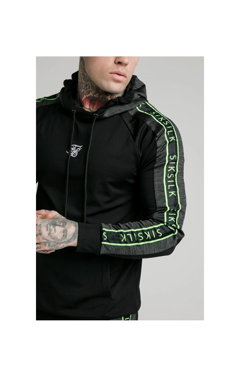 SikSilk Hyper Vapour Overhead Tape Hoodie - Black & Neon Fluro - Image 2