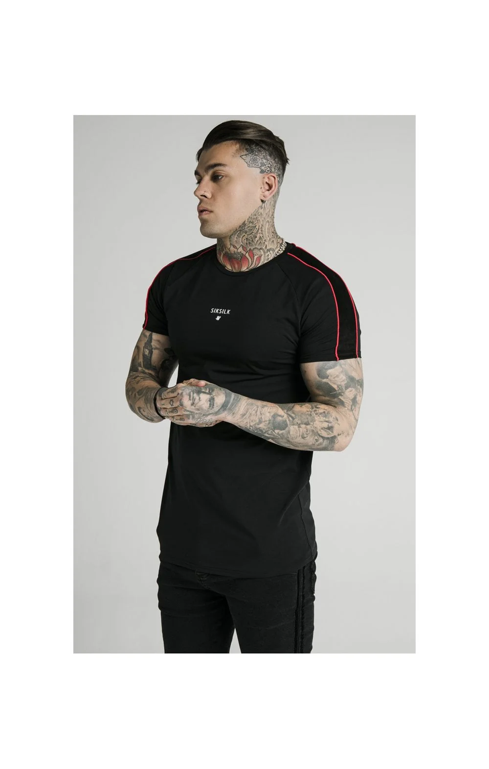 SikSilk Imperial Raglan Gym Tee - Black & Red