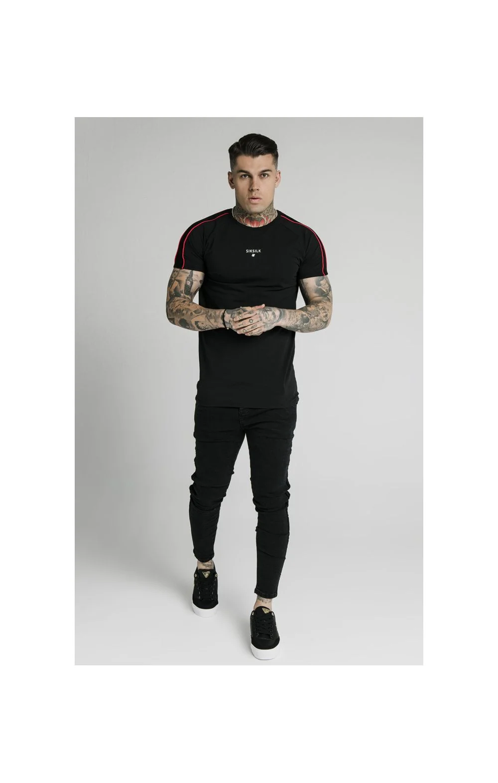 SikSilk Imperial Raglan Gym Tee - Black & Red - Image 3