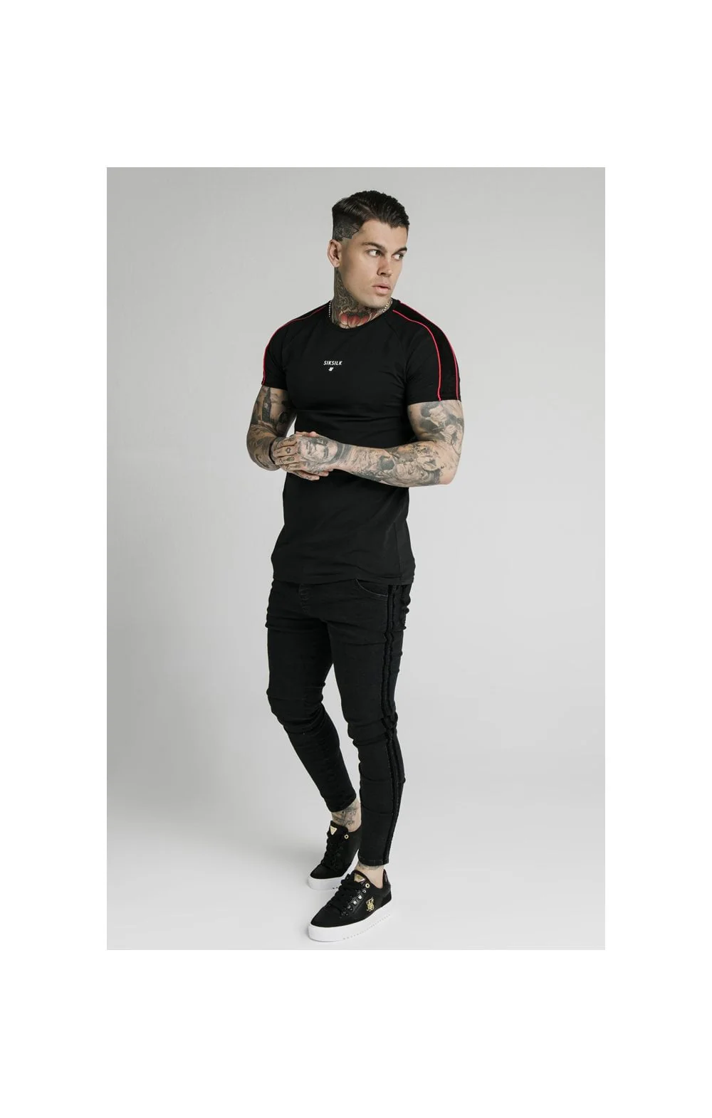 SikSilk Imperial Raglan Gym Tee - Black & Red - Image 4