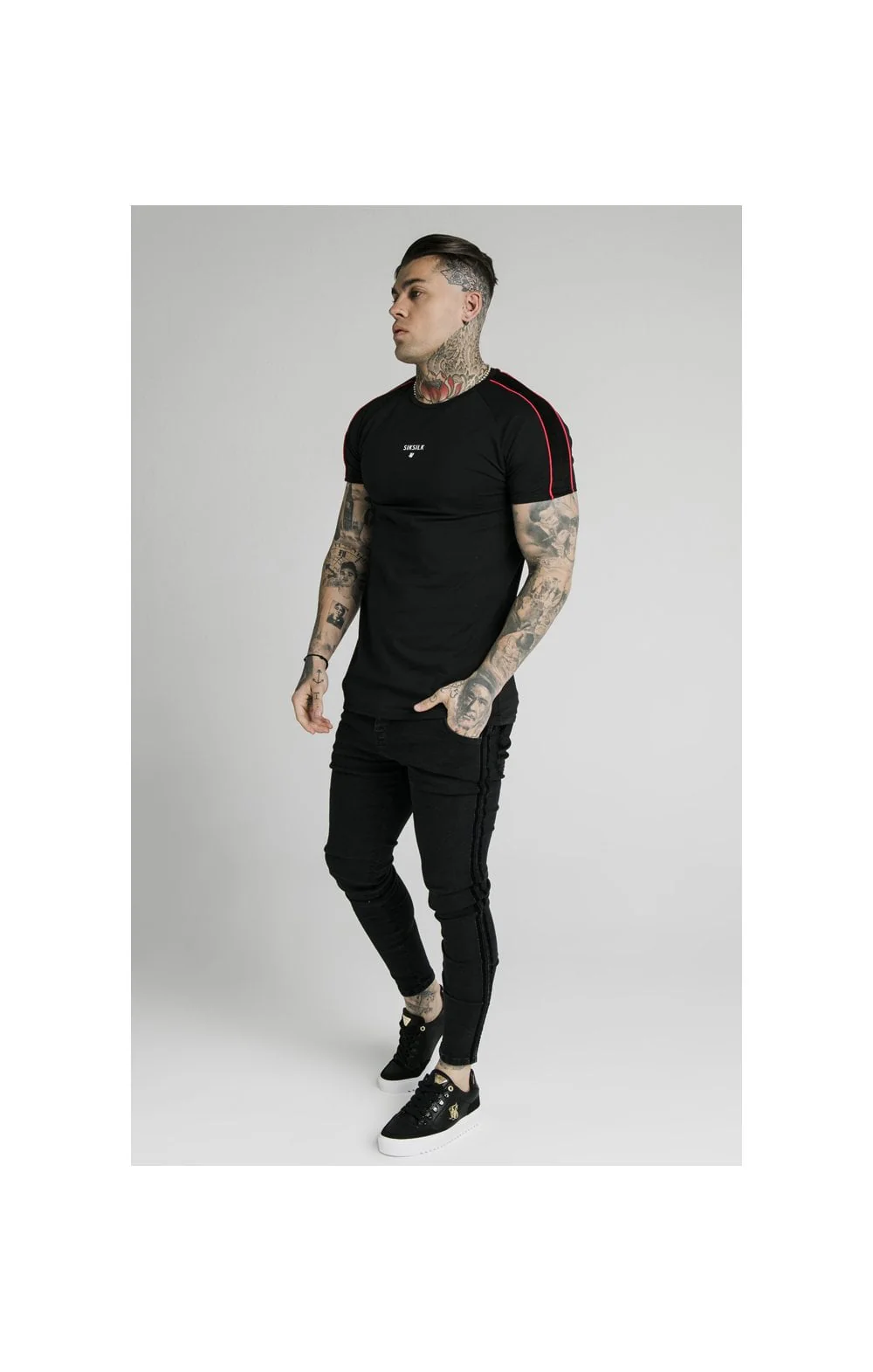 SikSilk Imperial Raglan Gym Tee - Black & Red - Image 5