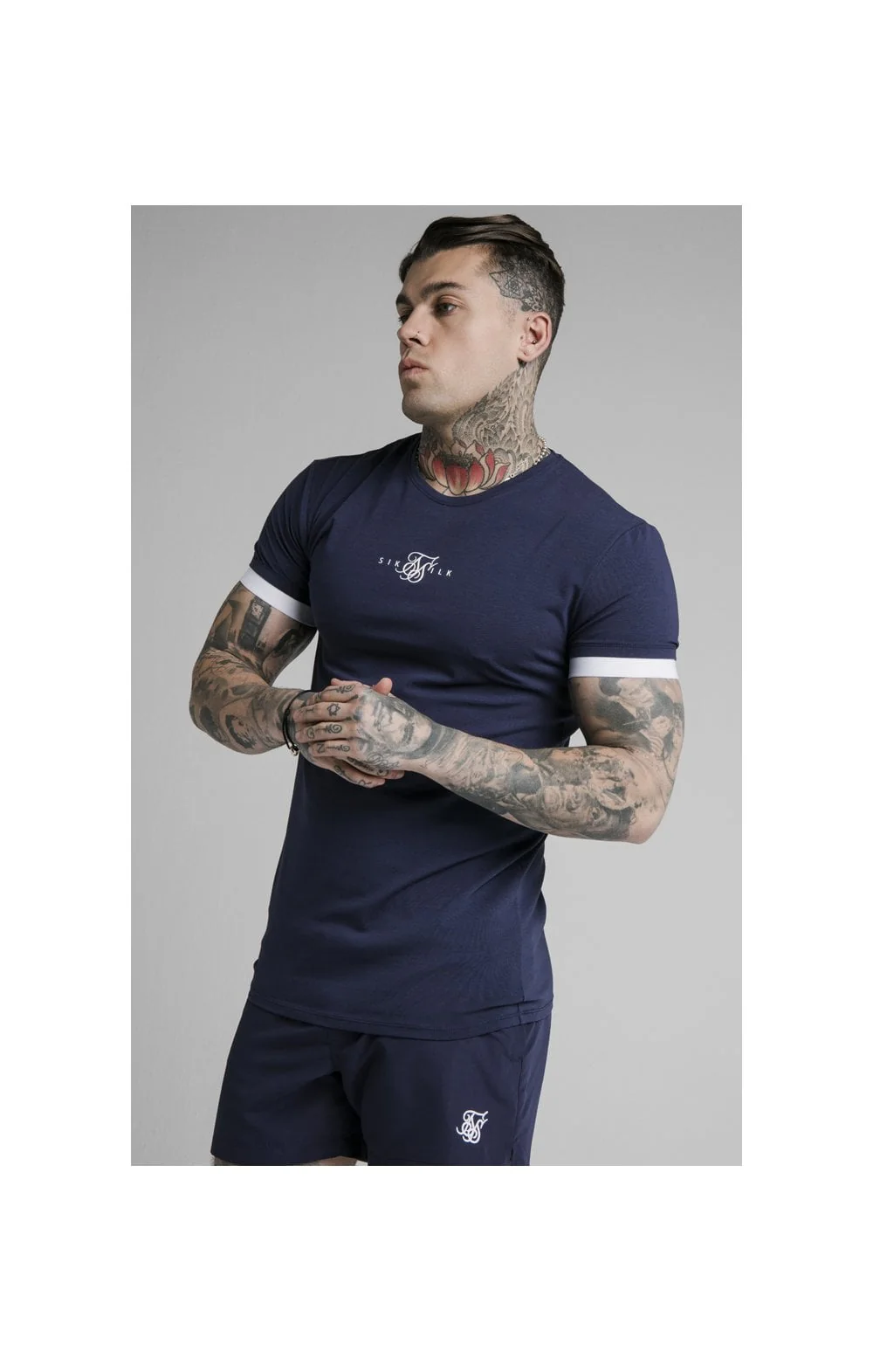SikSilk Inset Elastic Cuff Gym Tee – Navy - Image 2
