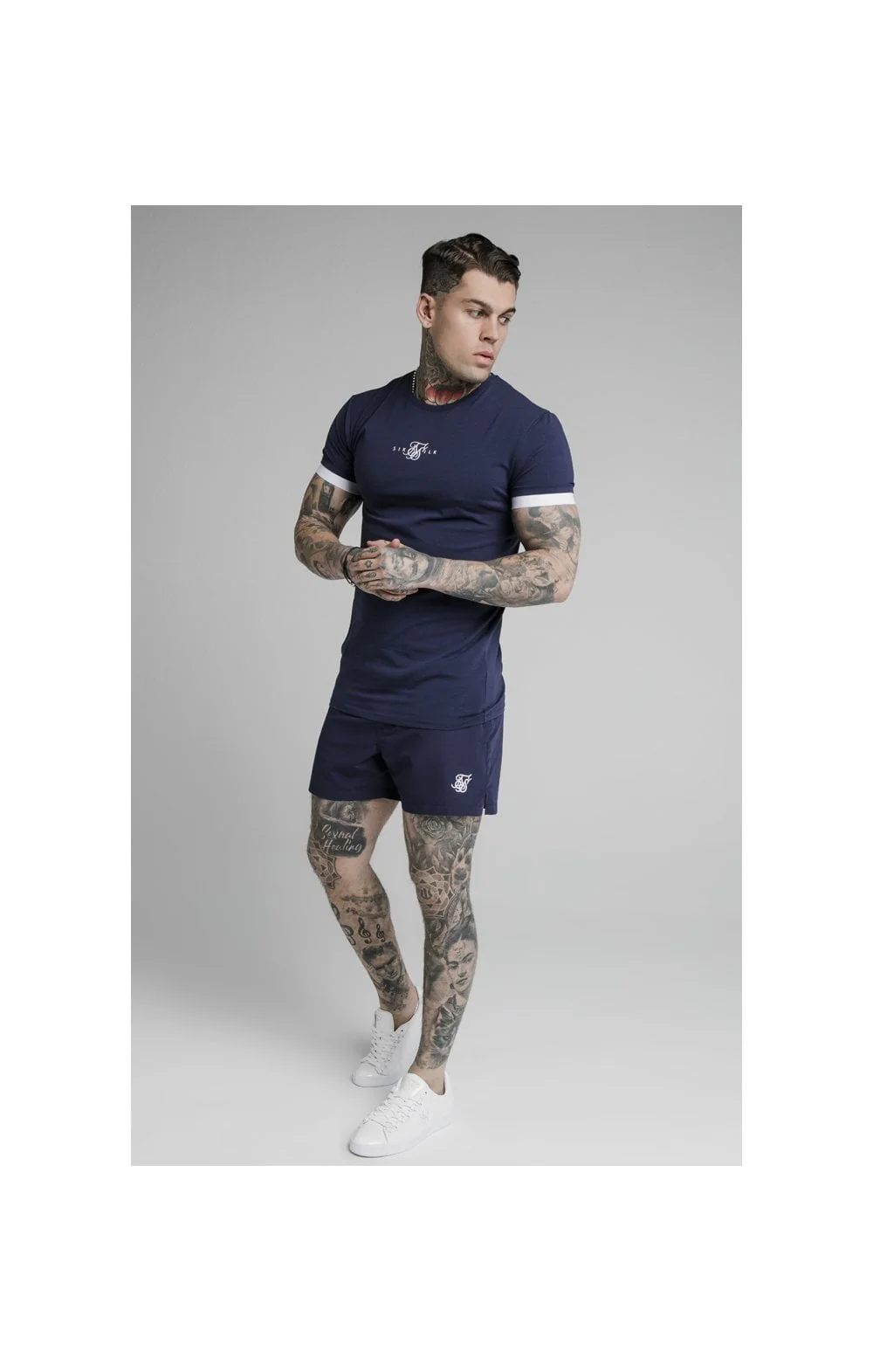SikSilk Inset Elastic Cuff Gym Tee – Navy - Image 3