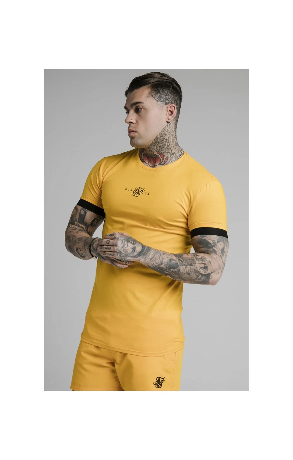 SikSilk Inset Elastic Cuff Gym Tee – Yellow - Image 2