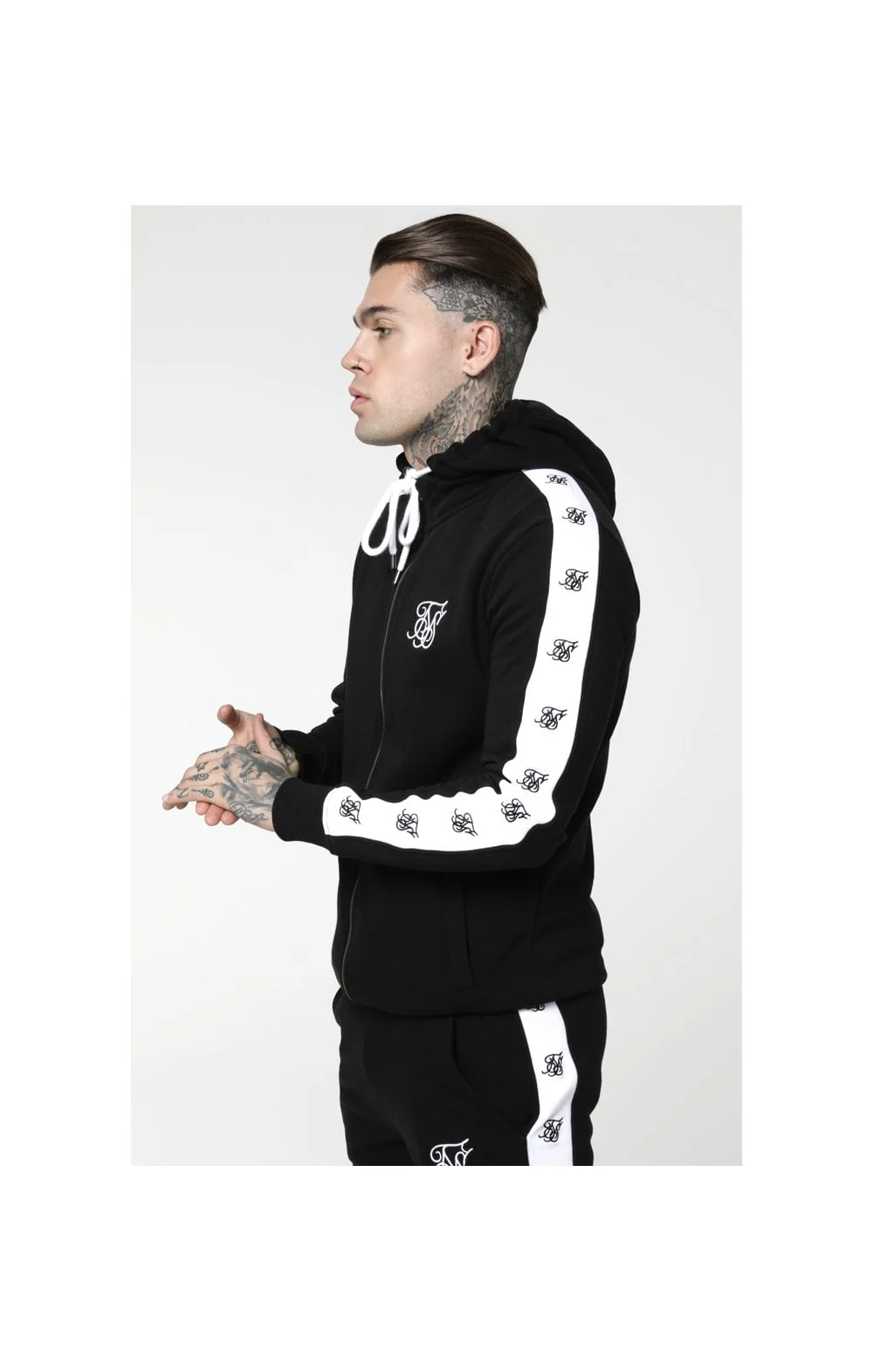 SikSilk Inset Zip Through Hoodie - Black & White - Image 3