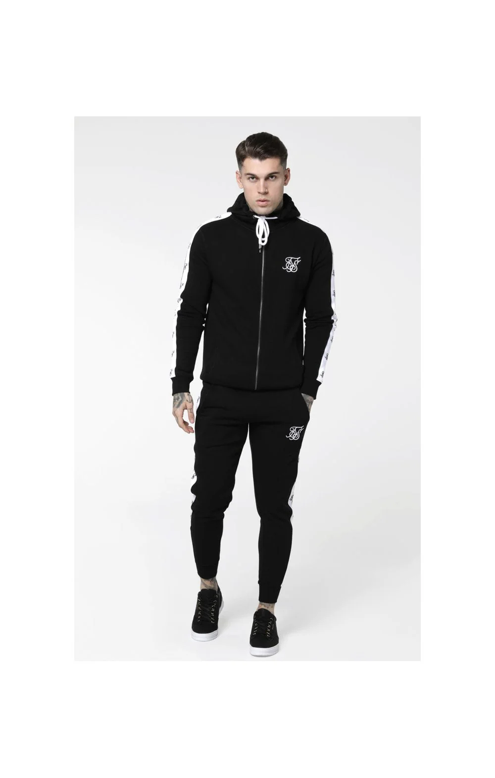 SikSilk Inset Zip Through Hoodie - Black & White - Image 4