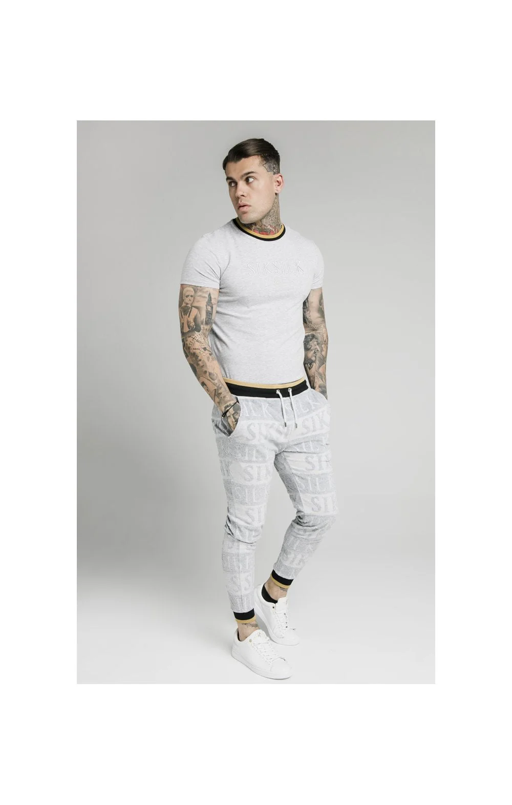 SikSilk Inverse Fitted Joggers - Grey,Black & Gold - Image 6