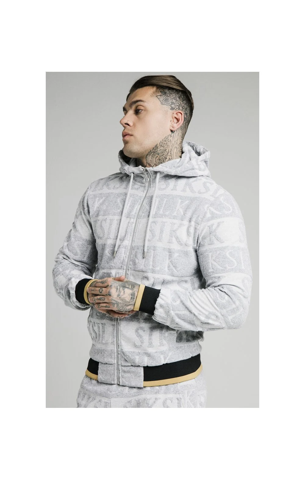 SikSilk Inverse Zip Through Hoodie - Grey,Black & Gold
