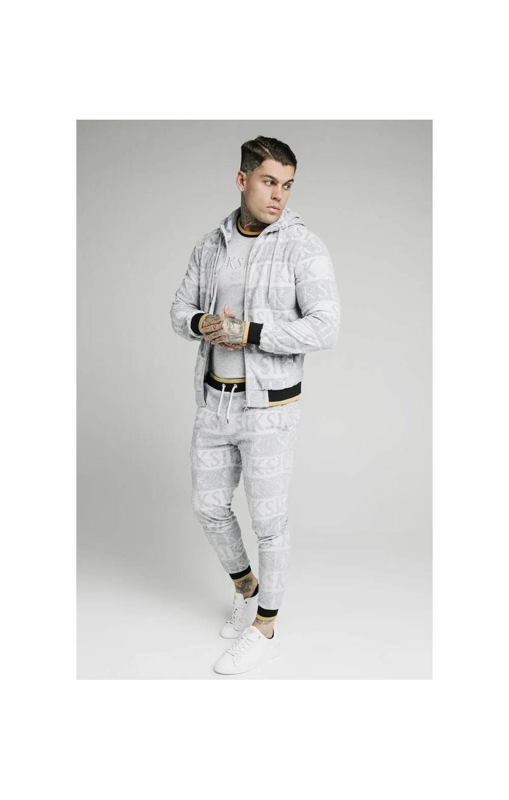 SikSilk Inverse Zip Through Hoodie - Grey,Black & Gold - Image 3