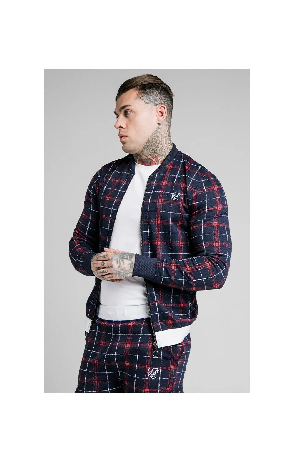 SikSilk Jacquard Check Bomber Jacket – Navy