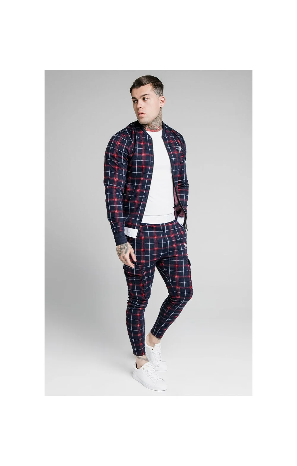 SikSilk Jacquard Check Bomber Jacket – Navy - Image 3