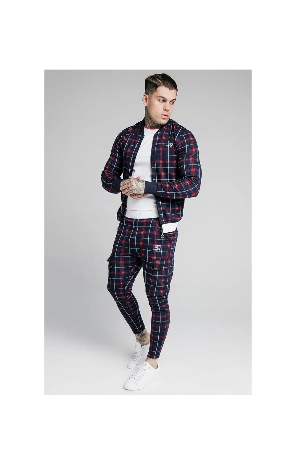SikSilk Jacquard Check Bomber Jacket – Navy - Image 4