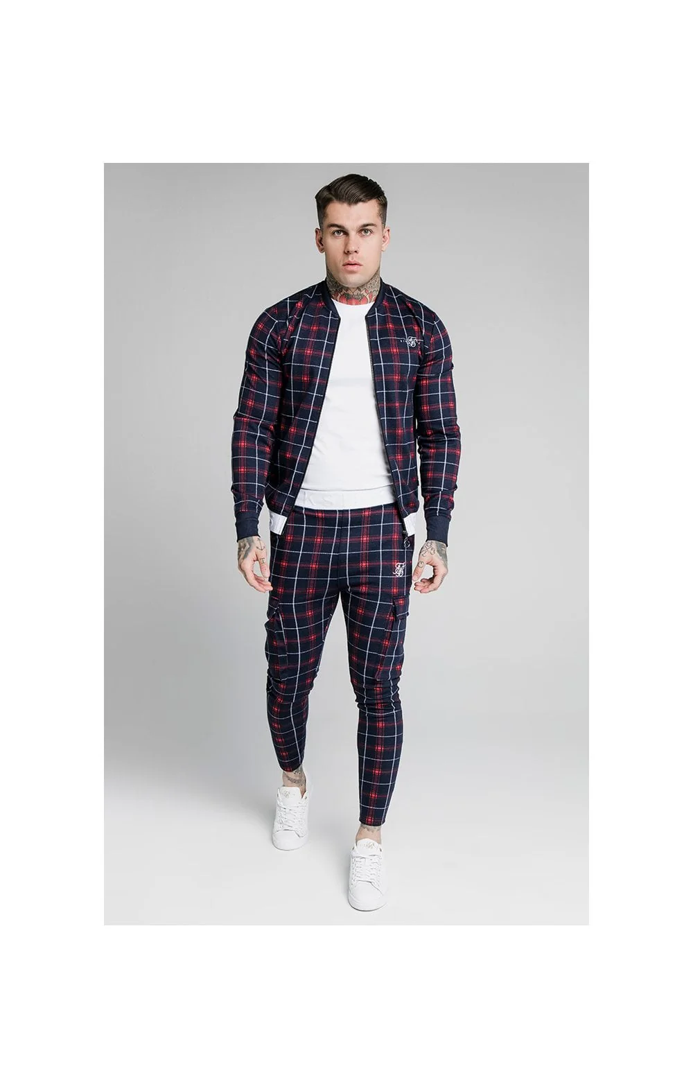 SikSilk Jacquard Check Bomber Jacket – Navy - Image 5