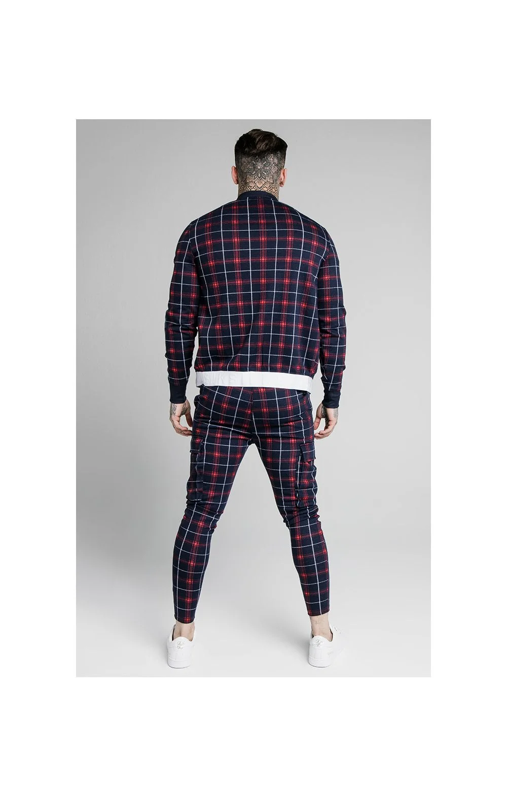 SikSilk Jacquard Check Bomber Jacket – Navy - Image 6