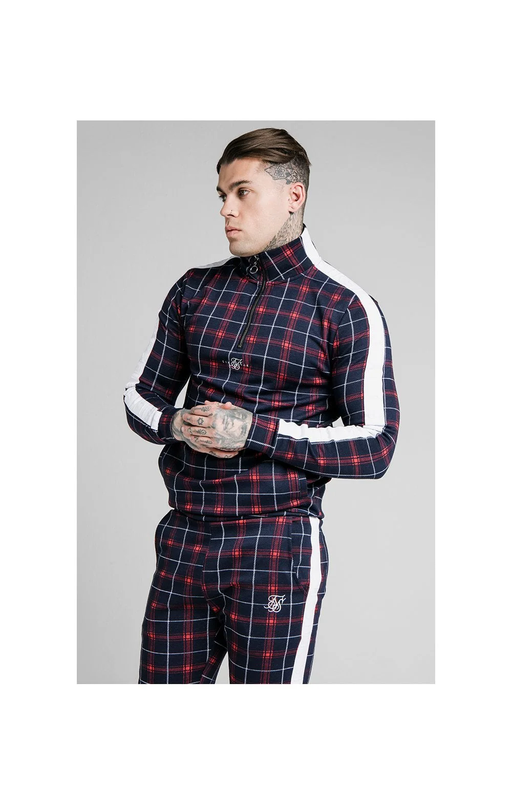 SikSilk Jacquard Check Quarter Zip Hoodie - Navy