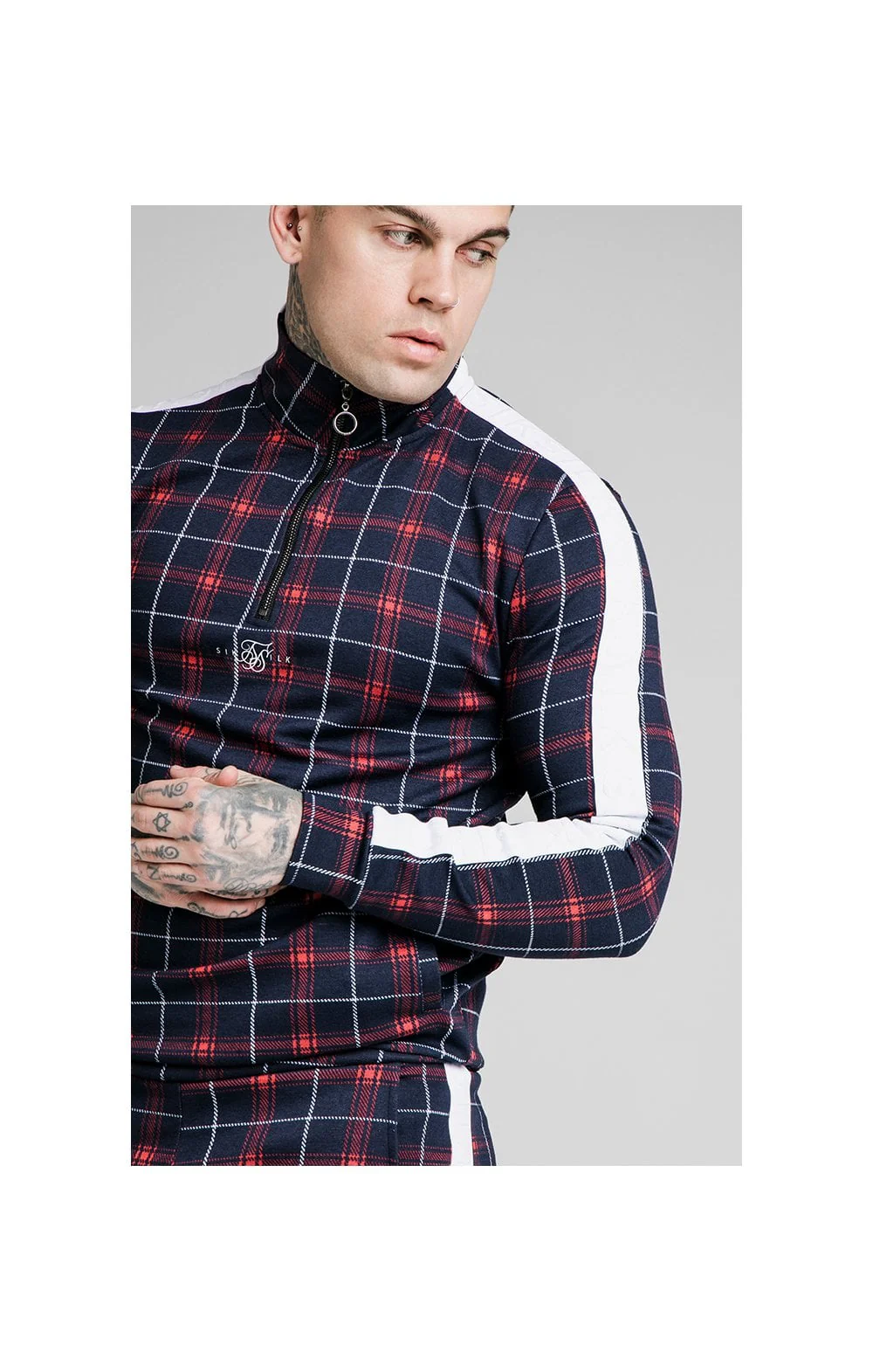 SikSilk Jacquard Check Quarter Zip Hoodie - Navy - Image 2