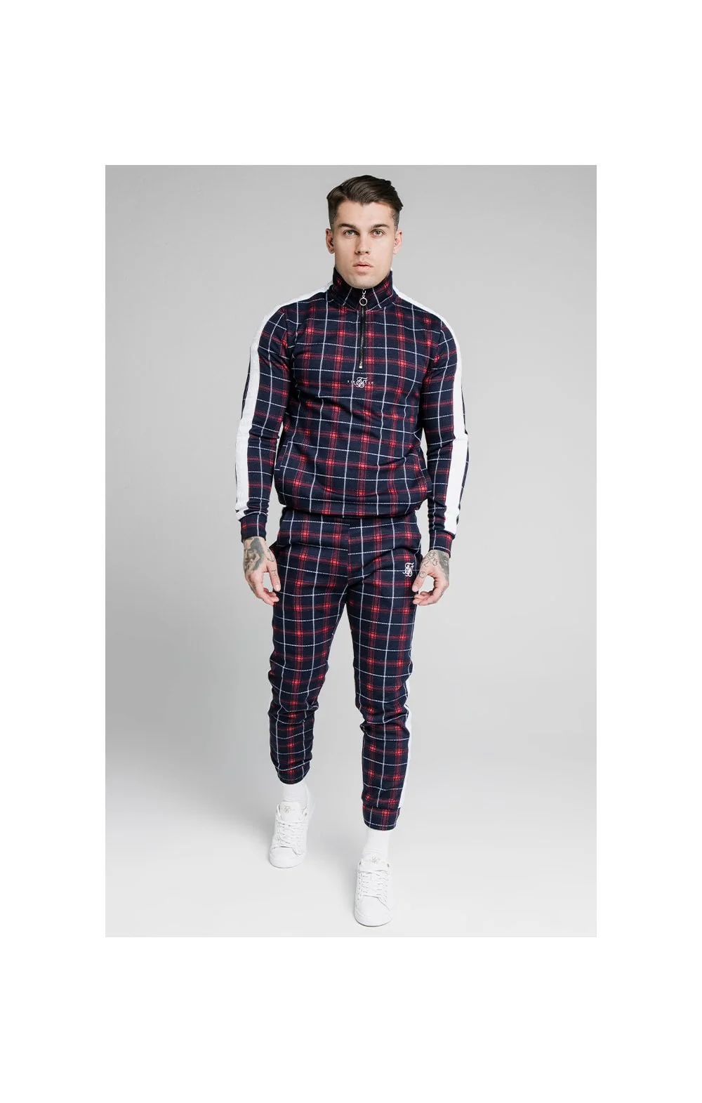 SikSilk Jacquard Check Quarter Zip Hoodie - Navy - Image 5