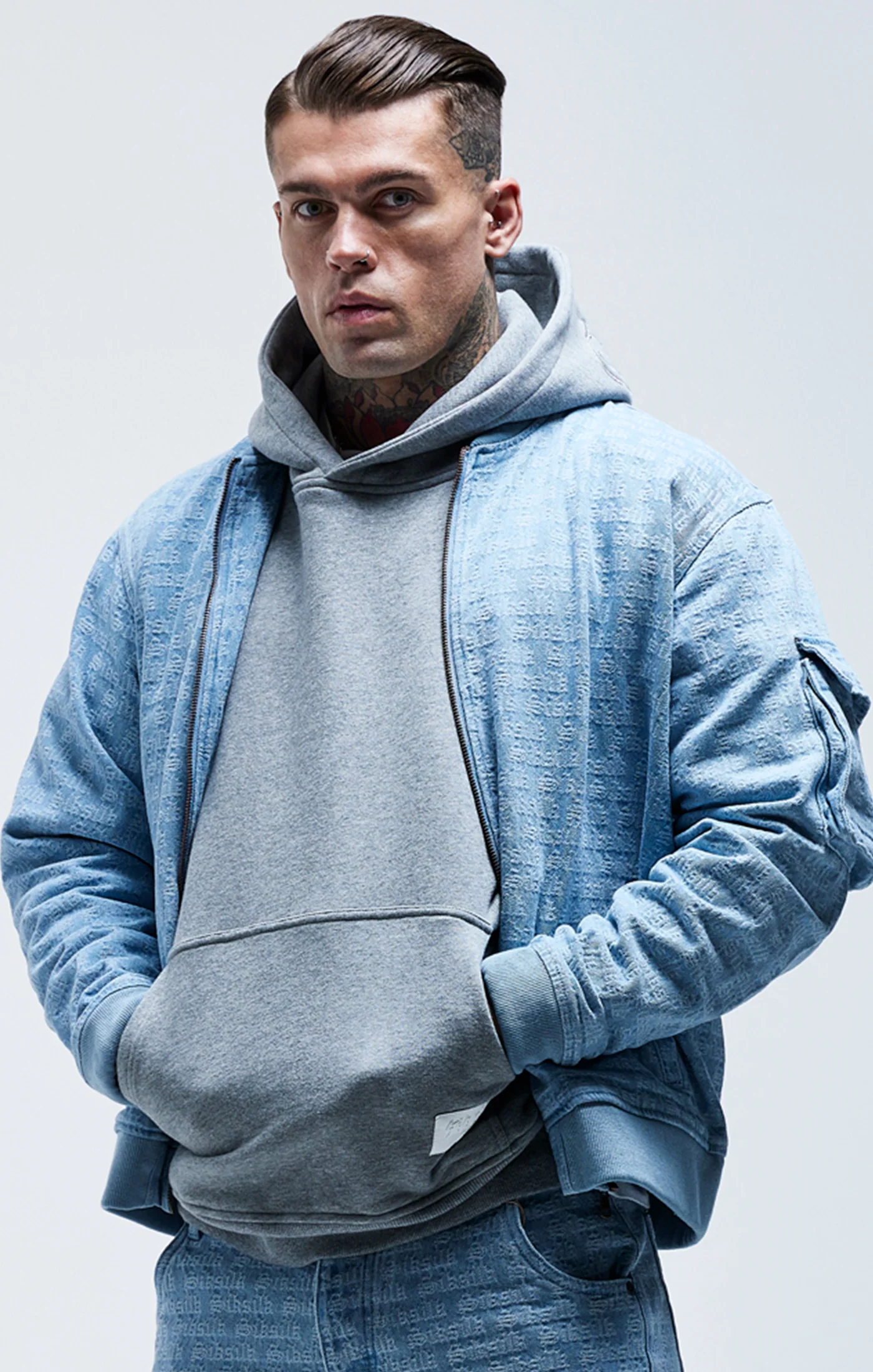 Blue Jacquard Denim Bomber Jacket