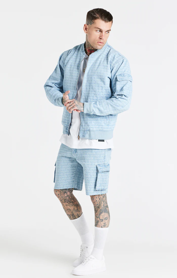 Blue Jacquard Denim Bomber Jacket - Image 5