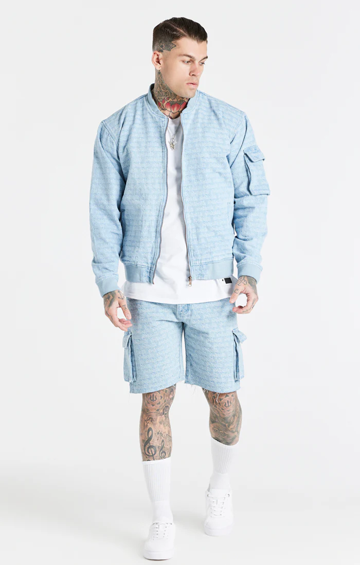 Blue Jacquard Denim Bomber Jacket - Image 6