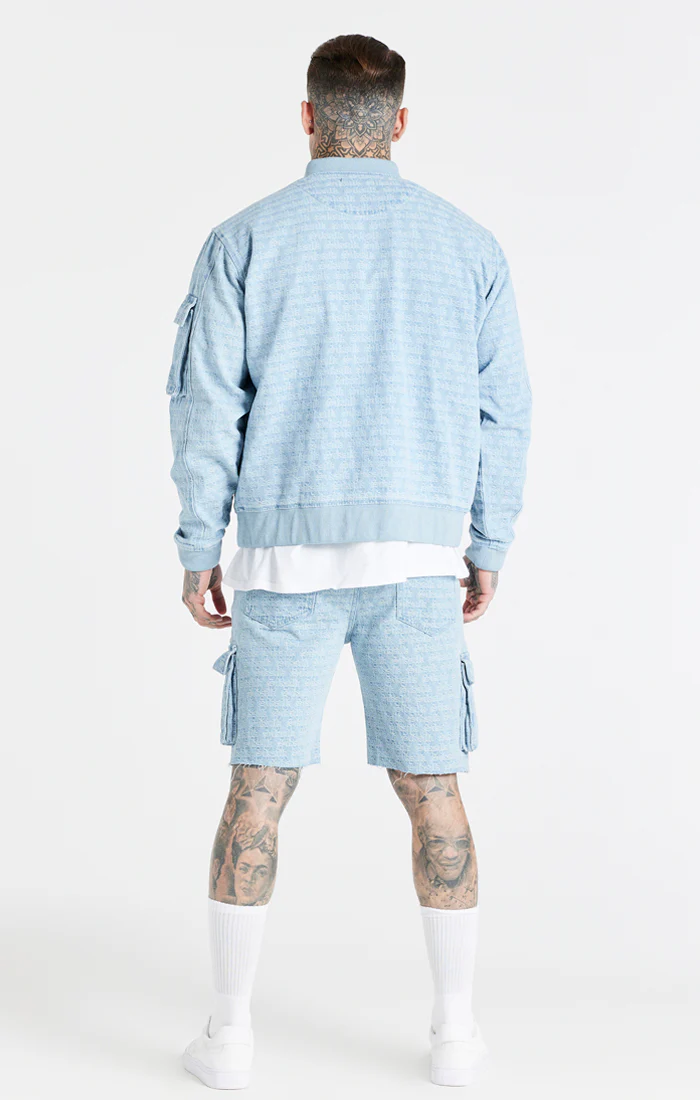 Blue Jacquard Denim Bomber Jacket - Image 7