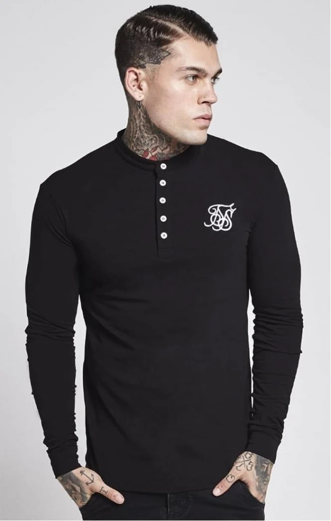 SikSilk Jersey Grandad Collar Tee - Black