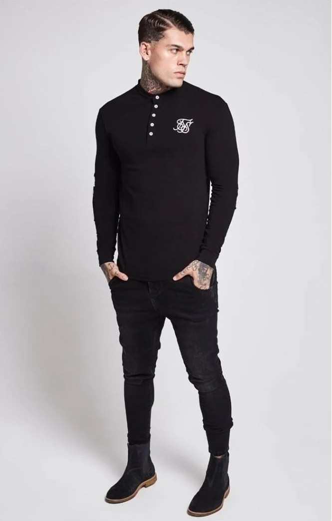 SikSilk Jersey Grandad Collar Tee - Black - Image 2