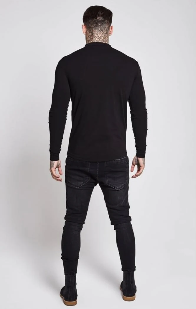 SikSilk Jersey Grandad Collar Tee - Black - Image 3