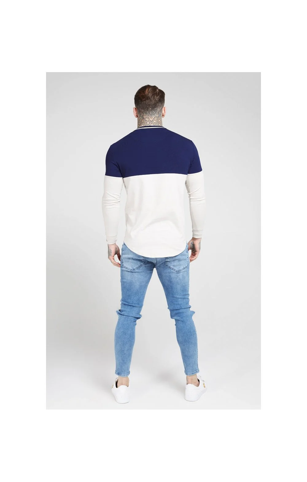 SikSilk L/S Chain Cartel Rib Tape Gym Tee - Navy & Stone - Image 5