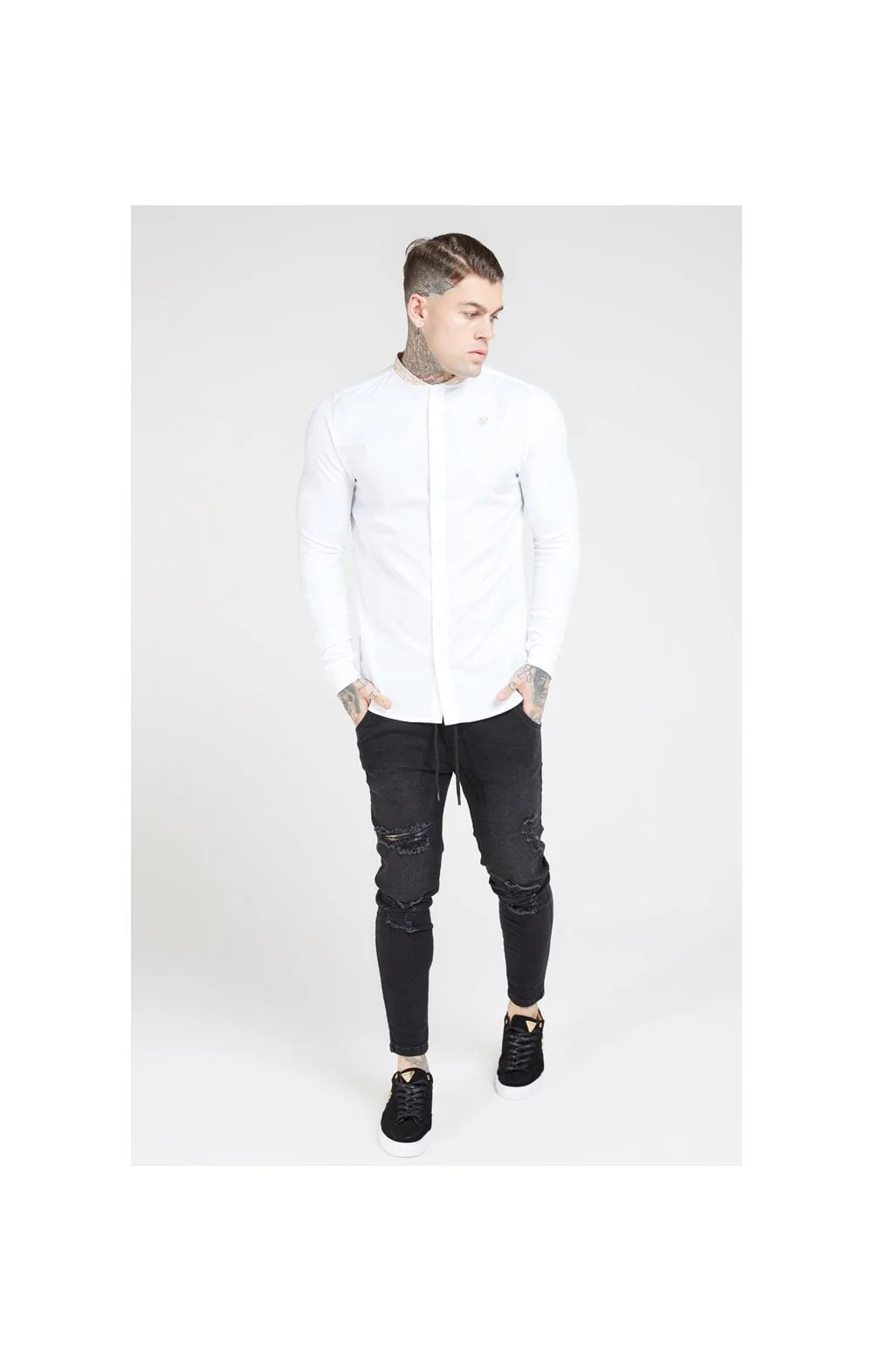 SikSilk L/S Chain Tape Collar Shirt – White - Image 2