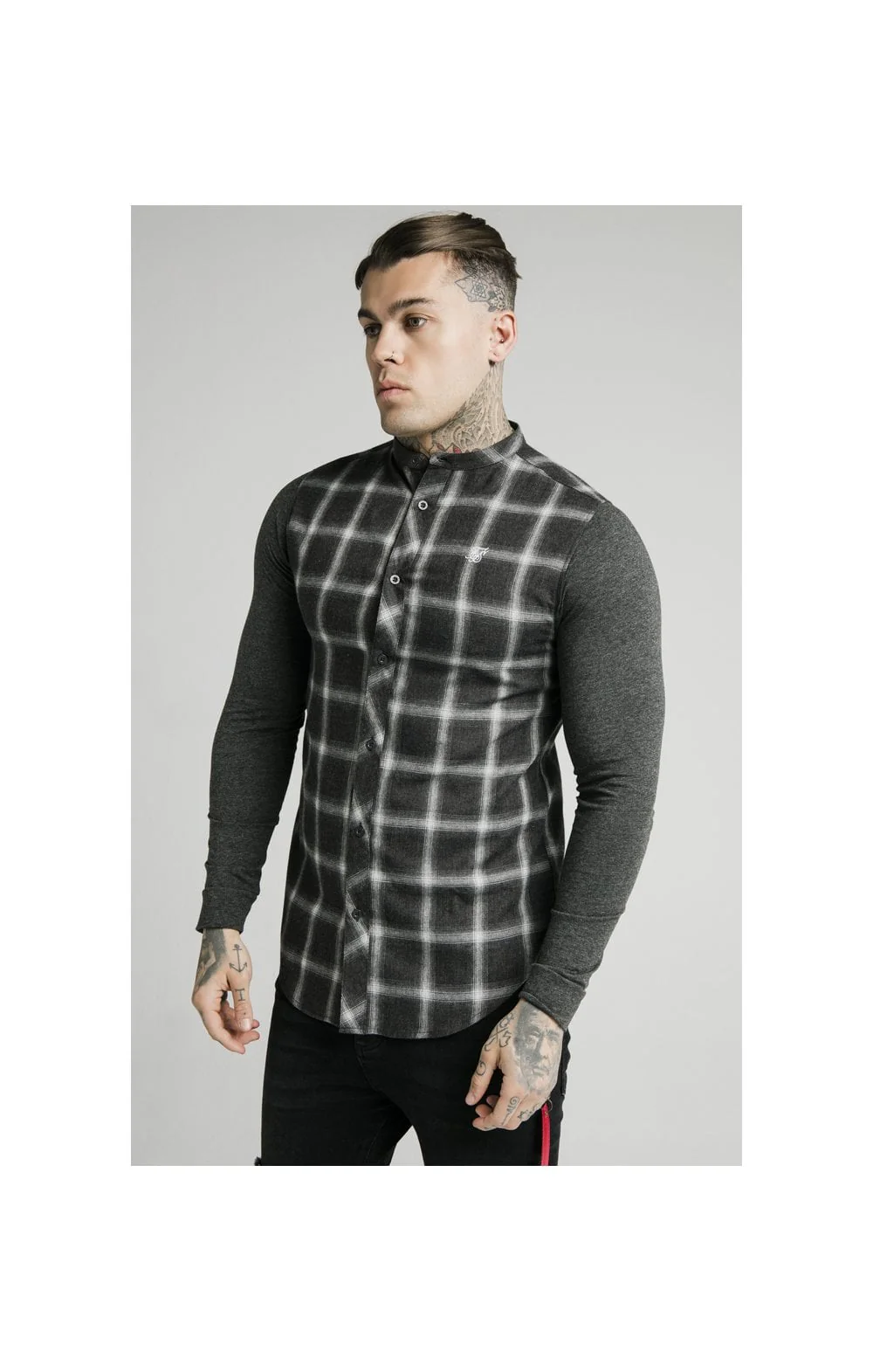 SikSilk L/S Flannel Check Grandad Shirt - Charcoal - Image 2