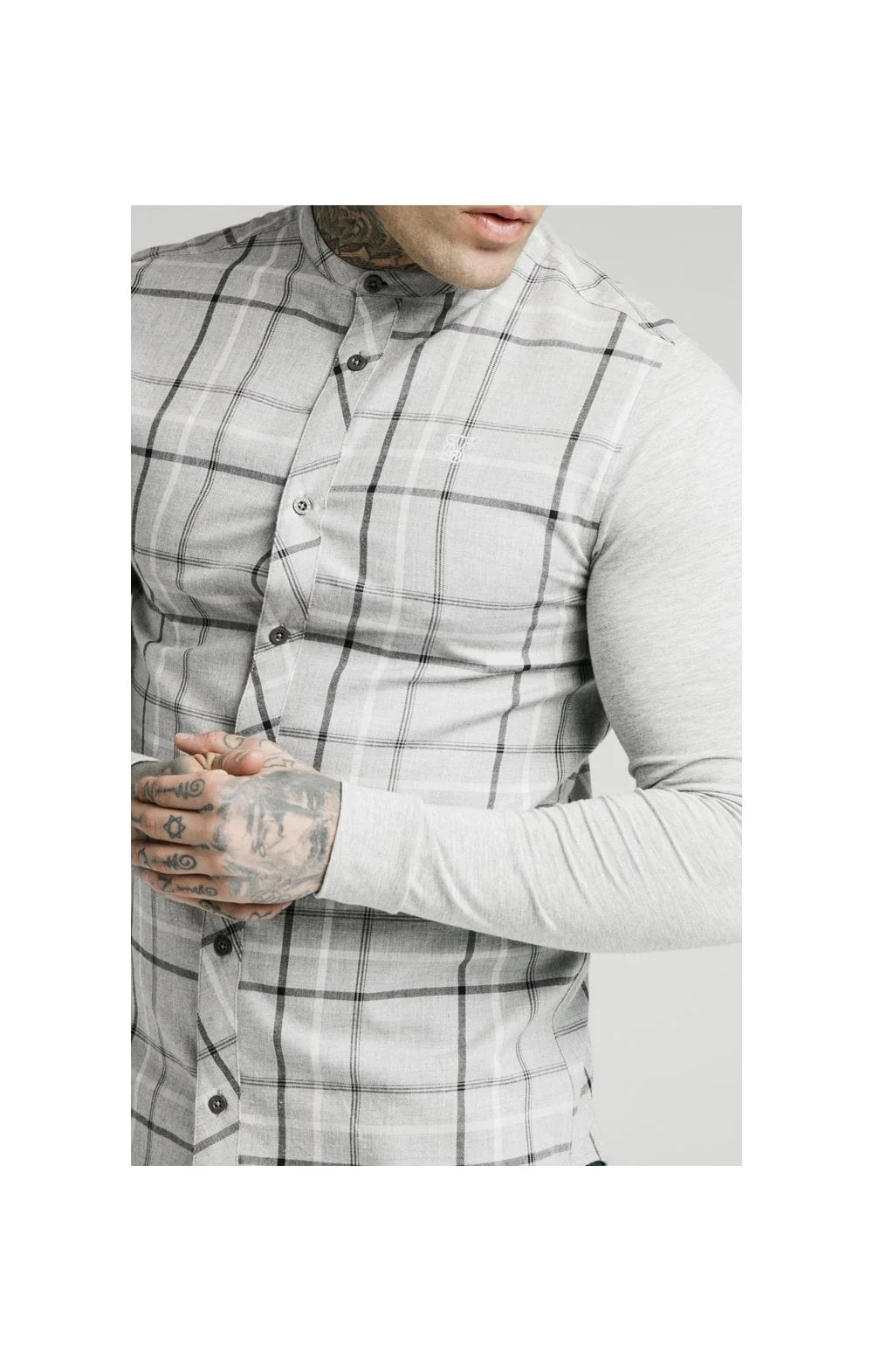 SikSilk L/S Flannel Check Grandad Shirt - Grey Marl - Image 2