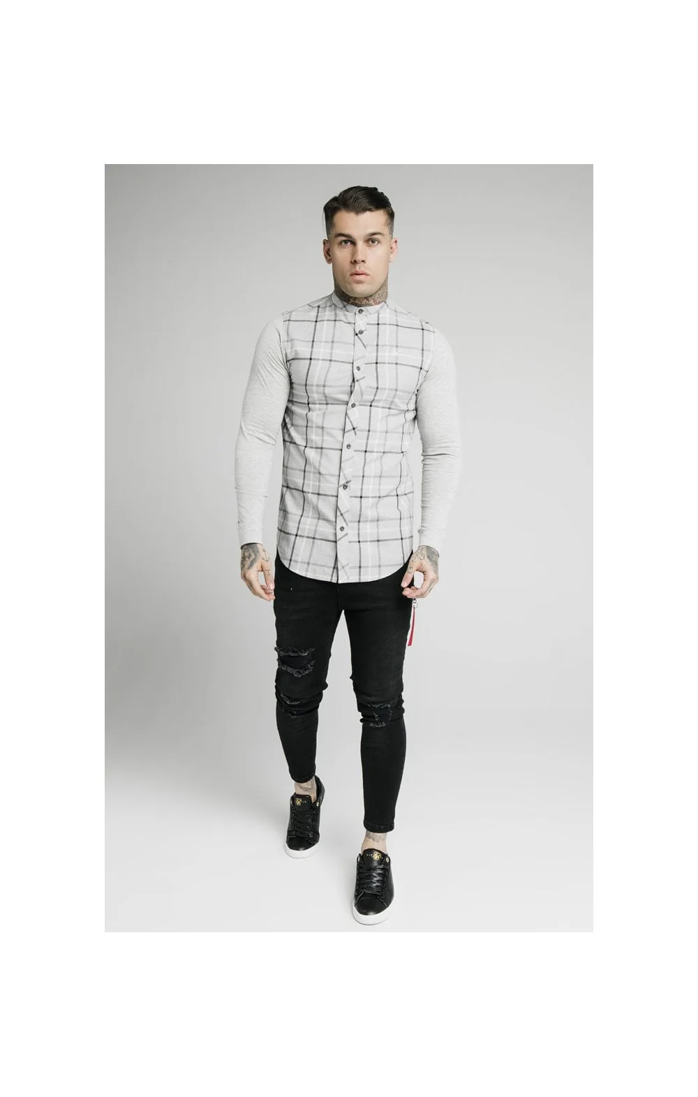 SikSilk L/S Flannel Check Grandad Shirt - Grey Marl - Image 3