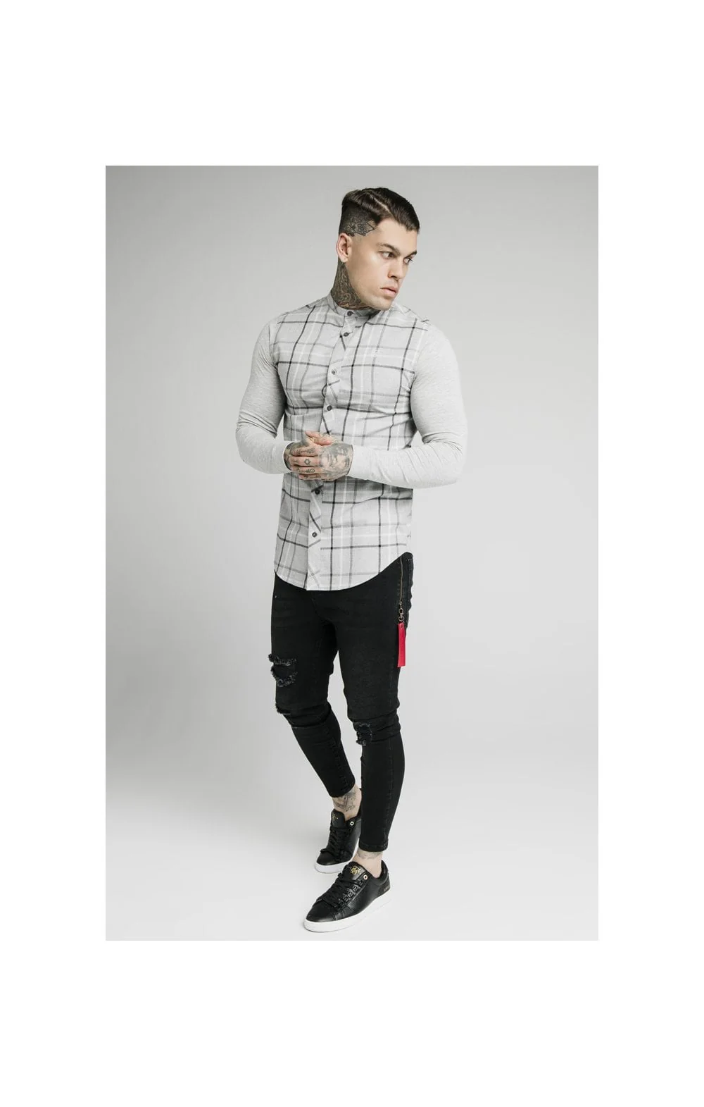 SikSilk L/S Flannel Check Grandad Shirt - Grey Marl - Image 4