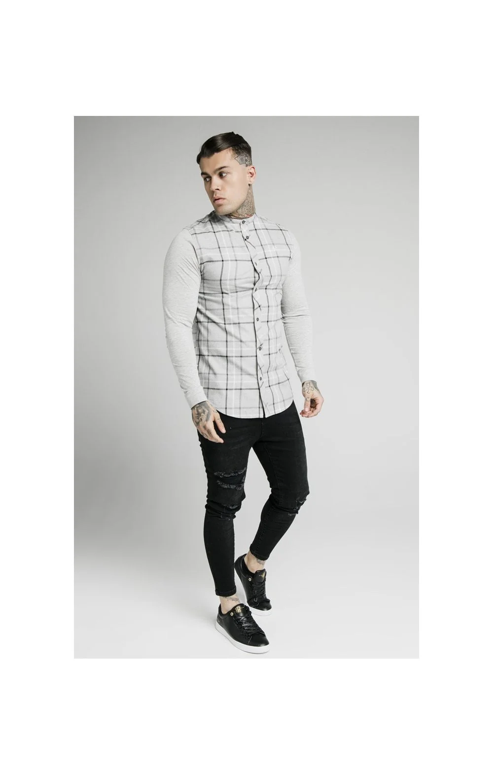SikSilk L/S Flannel Check Grandad Shirt - Grey Marl - Image 5