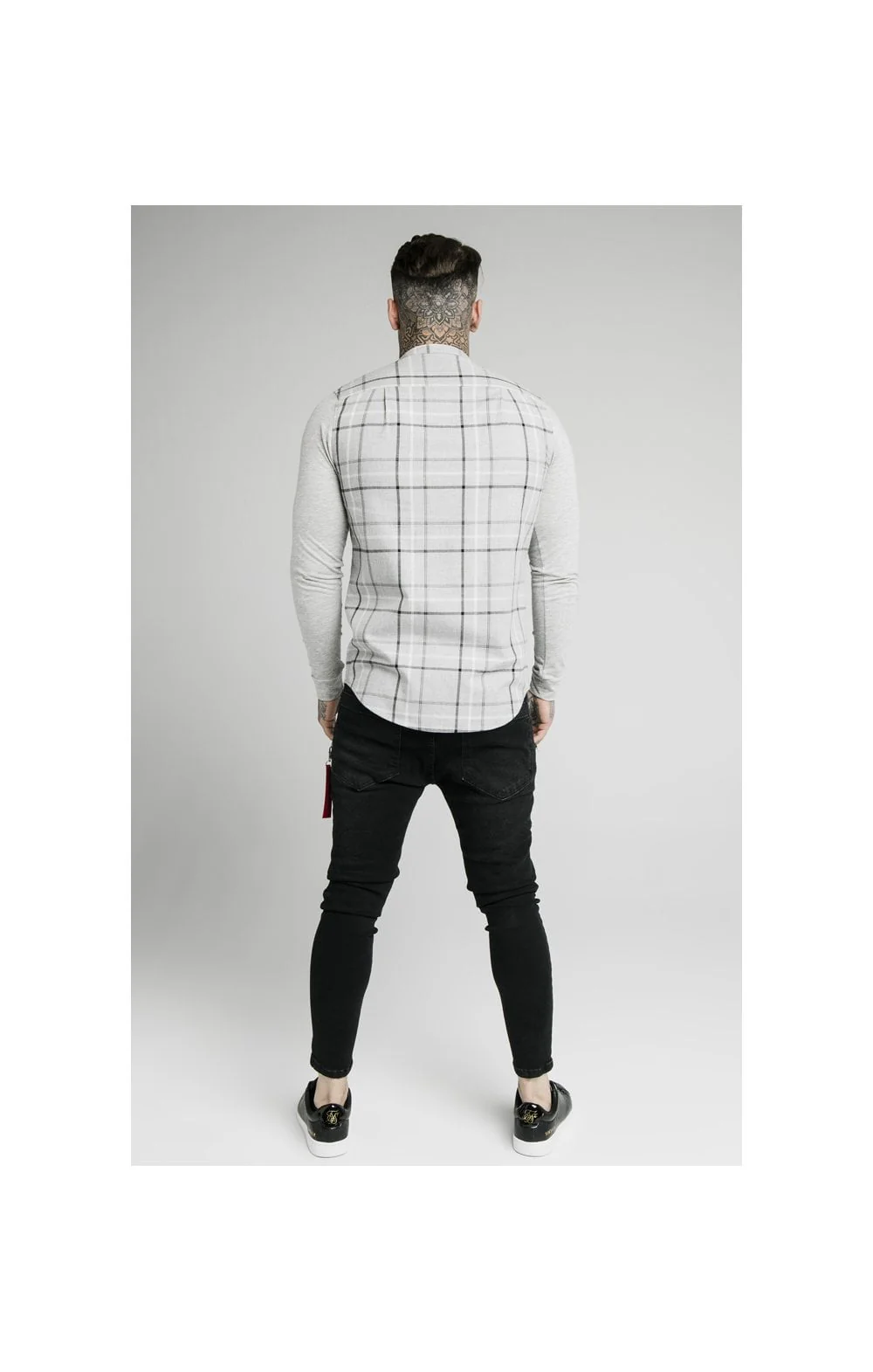 SikSilk L/S Flannel Check Grandad Shirt - Grey Marl - Image 6