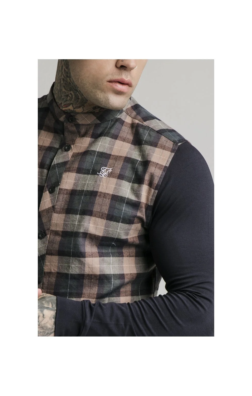 SikSilk L/S Flannel Check Grandad Shirt - Navy & Tan