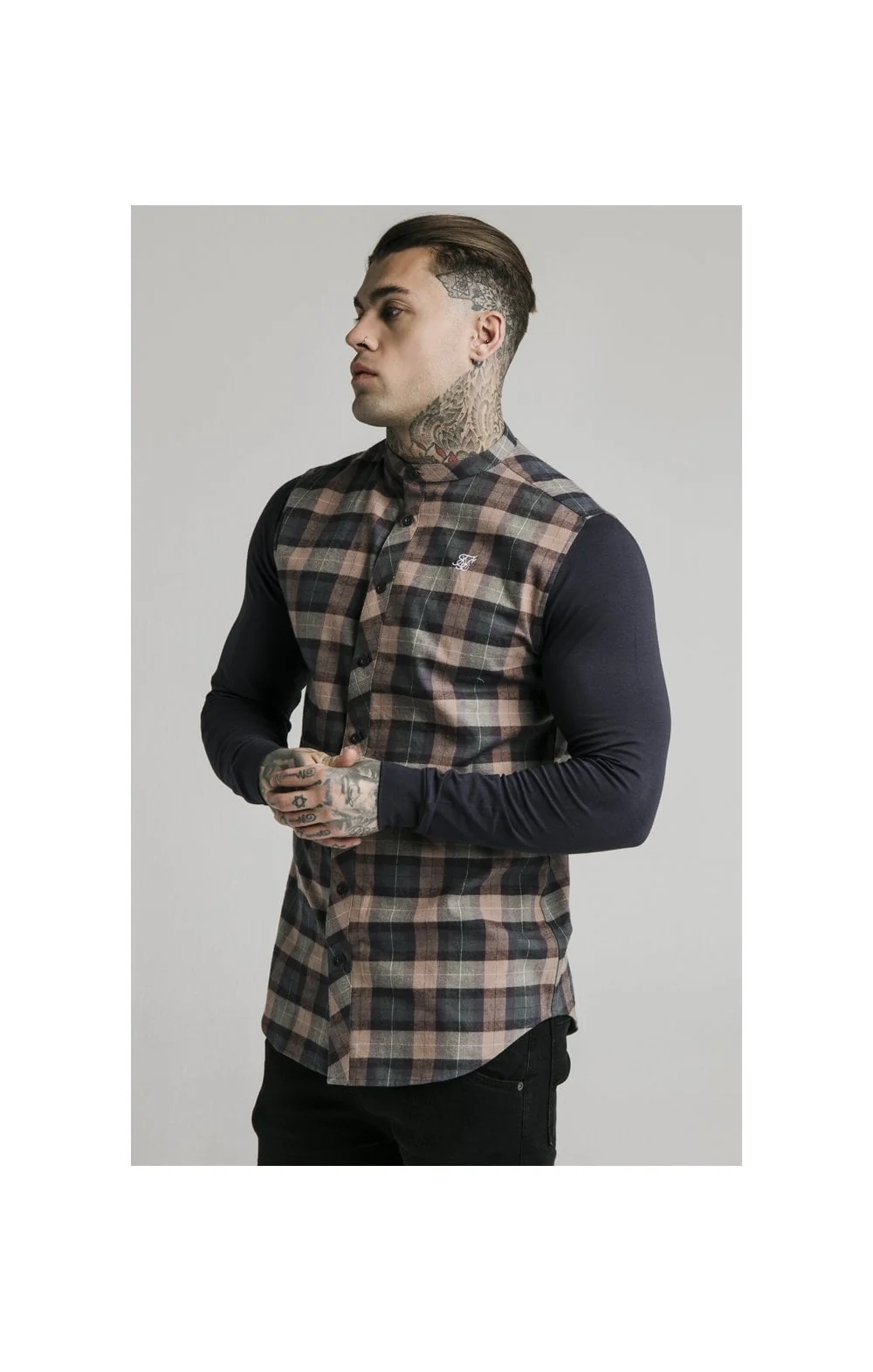SikSilk L/S Flannel Check Grandad Shirt - Navy & Tan - Image 2