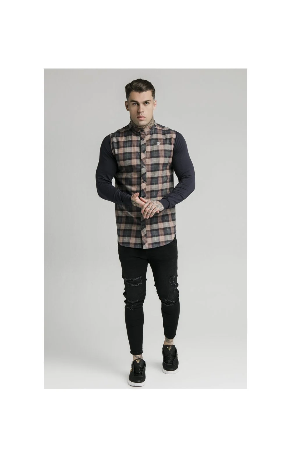 SikSilk L/S Flannel Check Grandad Shirt - Navy & Tan - Image 3