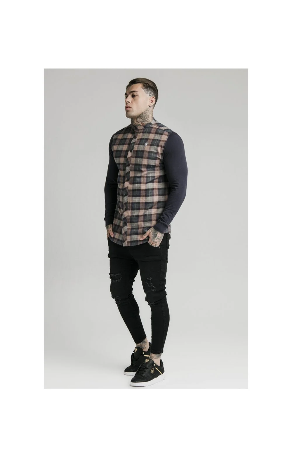 SikSilk L/S Flannel Check Grandad Shirt - Navy & Tan - Image 4