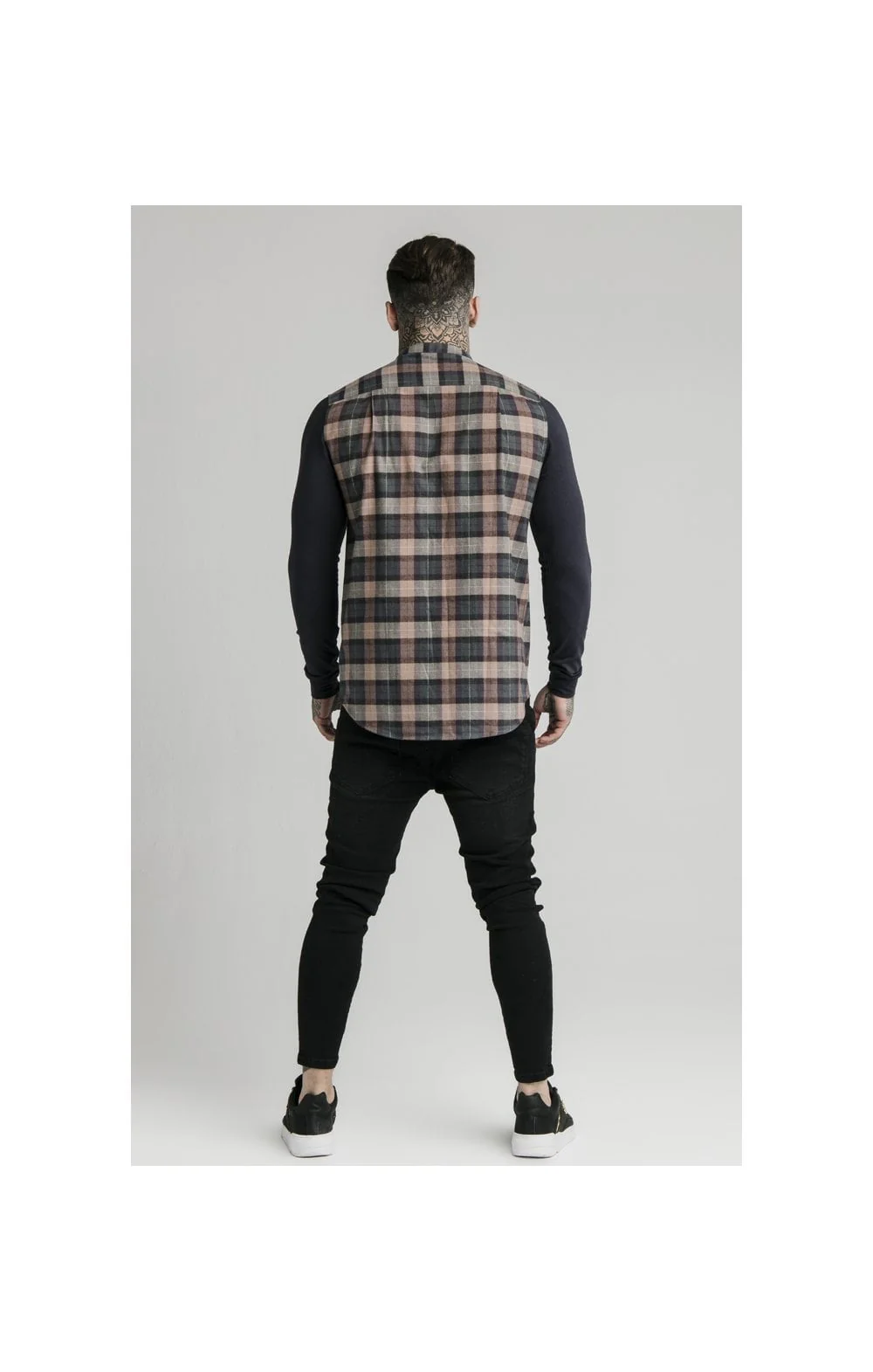 SikSilk L/S Flannel Check Grandad Shirt - Navy & Tan - Image 5