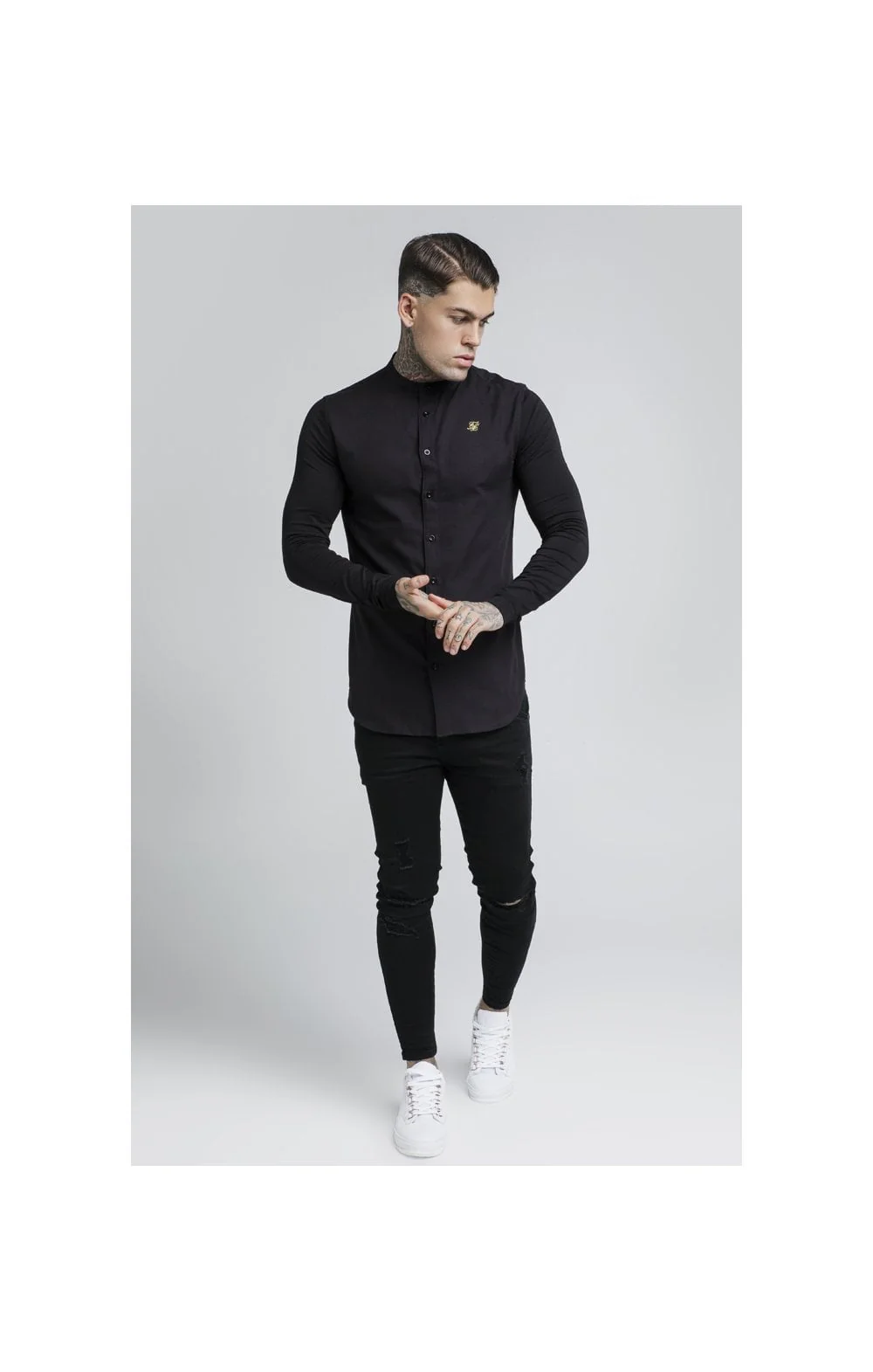 SikSilk L/S Grandad Shirt – Black - Image 3