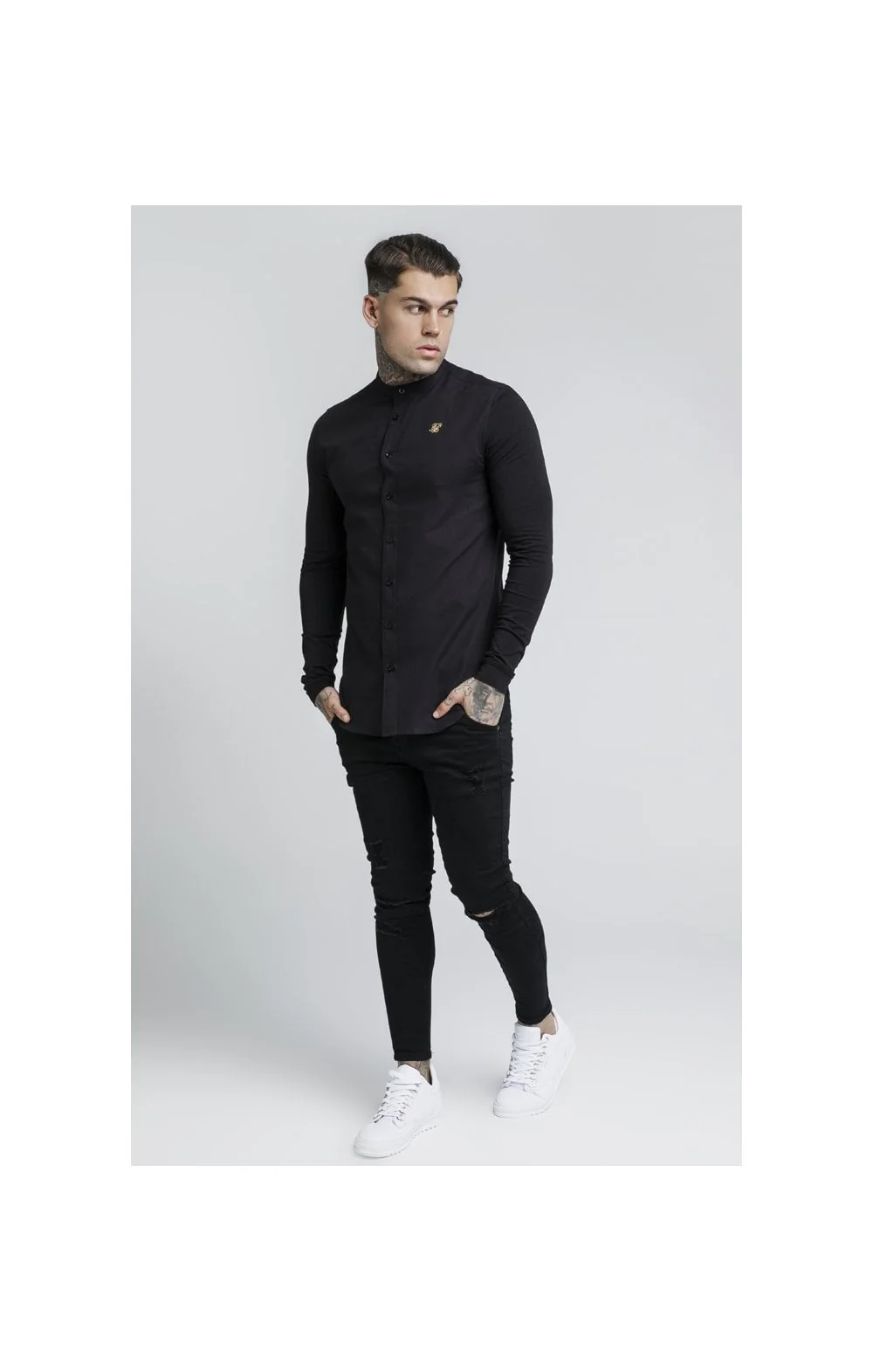 SikSilk L/S Grandad Shirt – Black - Image 4