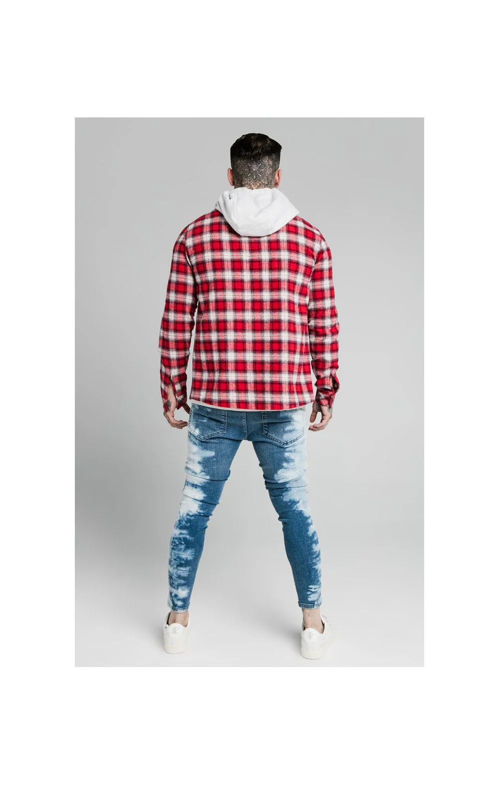 SikSilk L/S Hooded Flannel Shirt Jacket - Red & Off White - Image 4